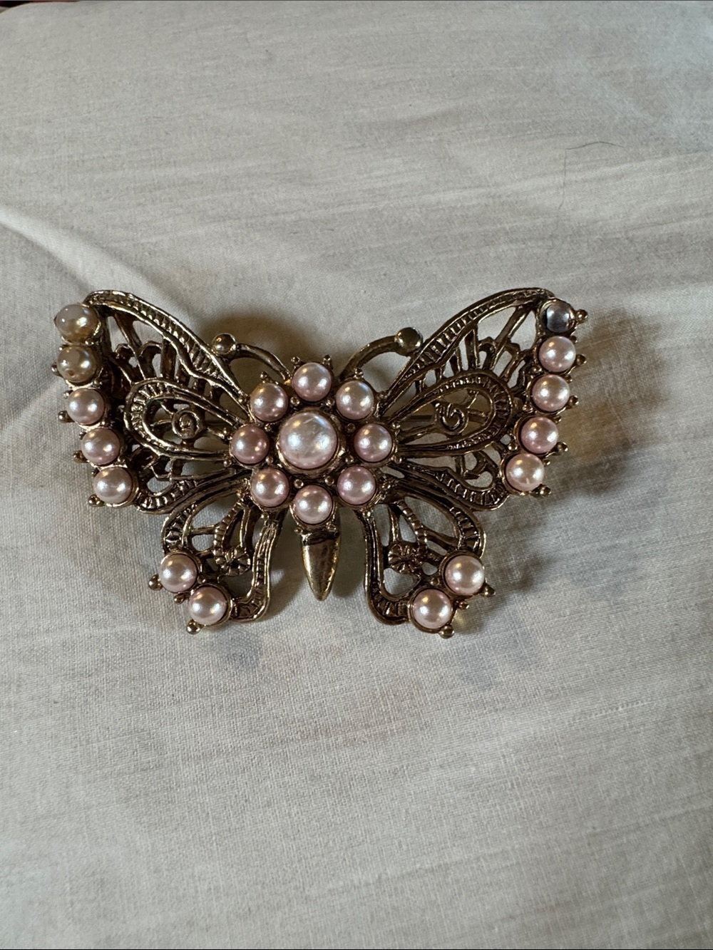 Pearl Accent Butterfly Brooch - Pink Pearls on Gold Tone